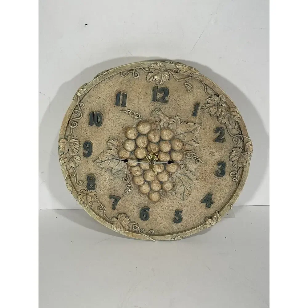 Vintage Ceramic Wall Clock Grapes Motif Gorgeous Round Fruits‎ Rustic Stone Like